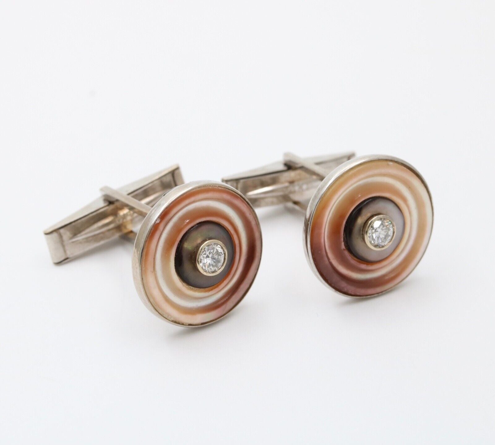 Vintage 14K White Gold Mother Of Pearl and Diamond Cufflinks. Men’s Accessories