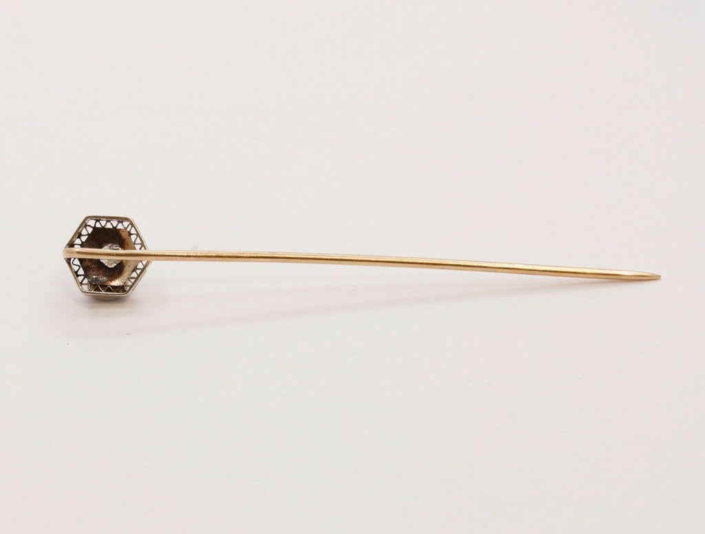 Art Deco Diamond 14K White and Yellow Gold Filagree Stick Pin