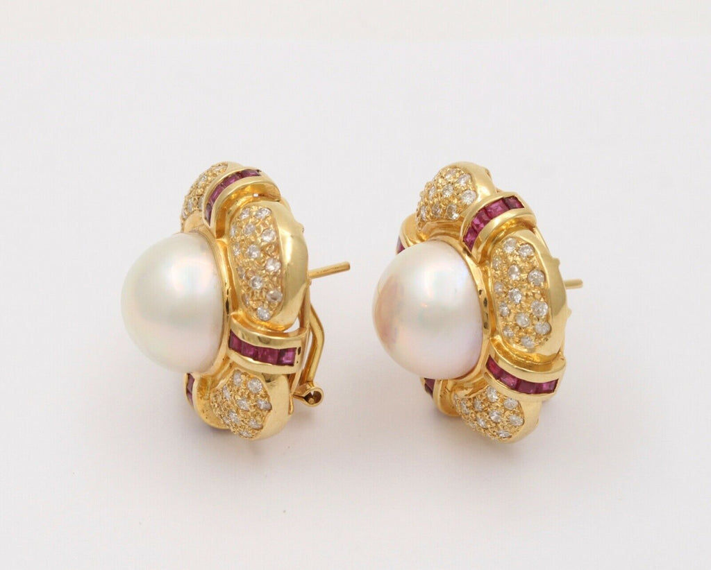 Vintage Mabe Pearl Diamond & Ruby Button Clip Earrings