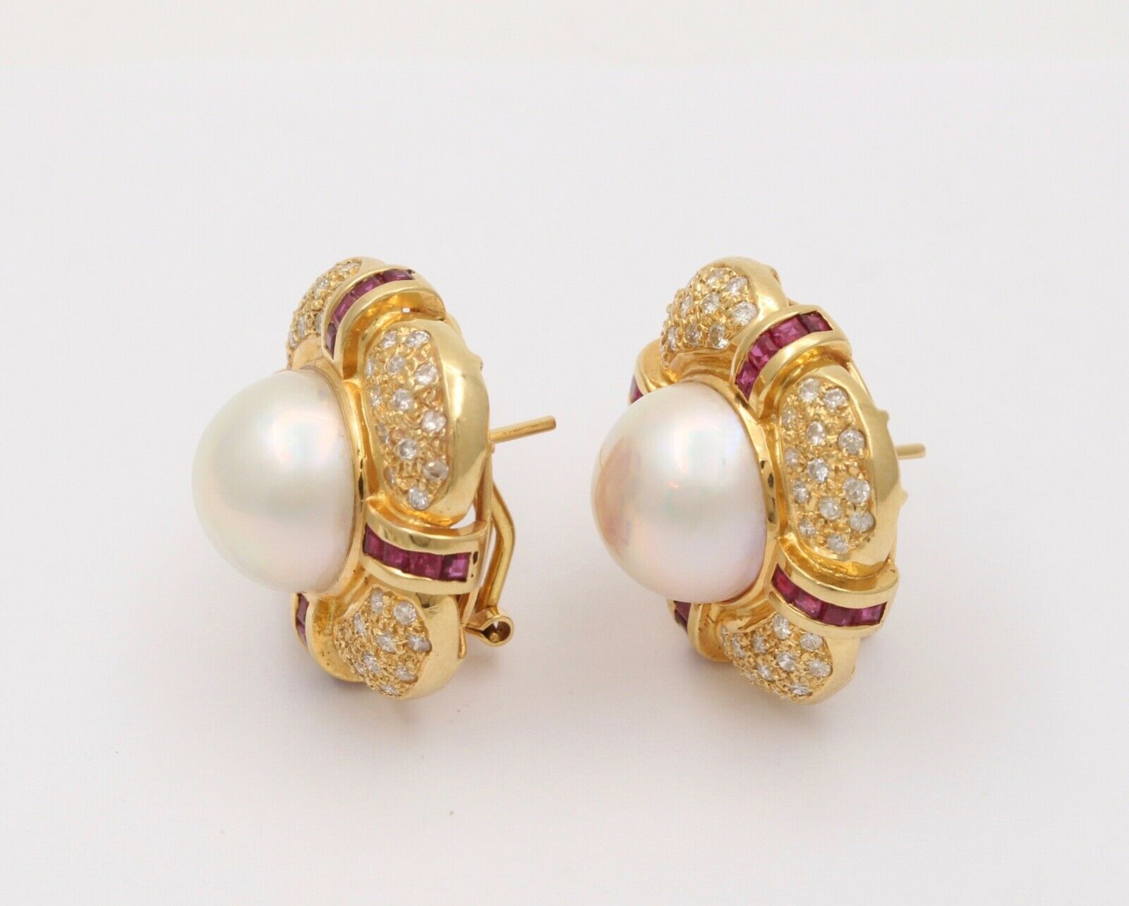 Vintage Mabe Pearl Diamond & Ruby Button Clip Earrings