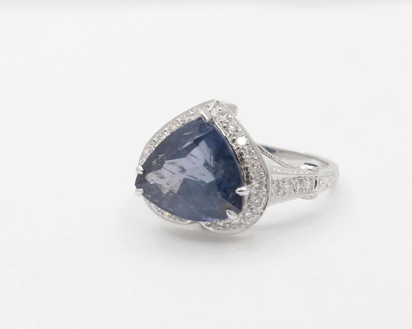 Vintage 18K White Gold Trillion- Cut Sapphire Diamond Halo Ring