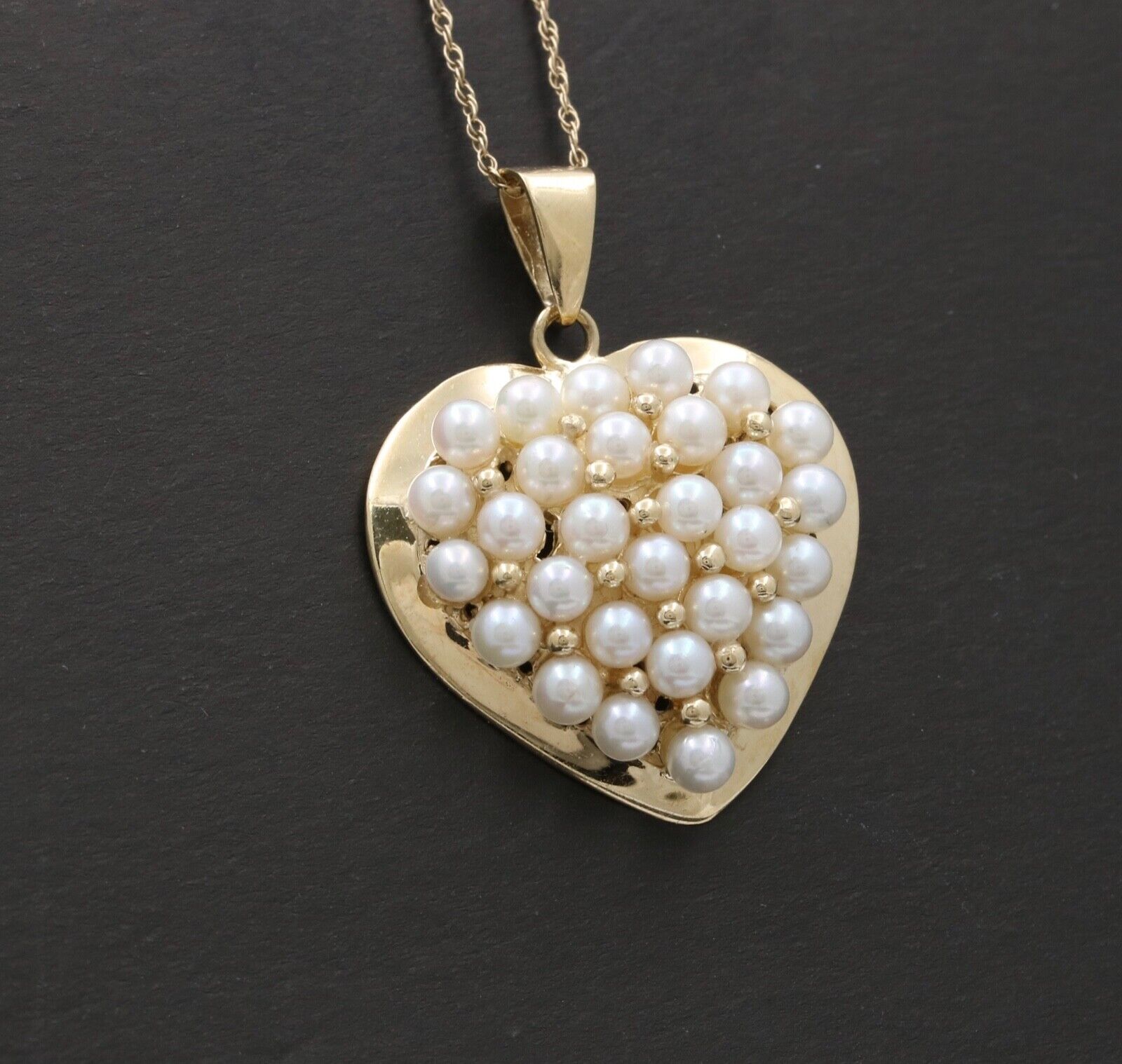 Vintage Heart 14K Yellow Gold Pearls Pendant