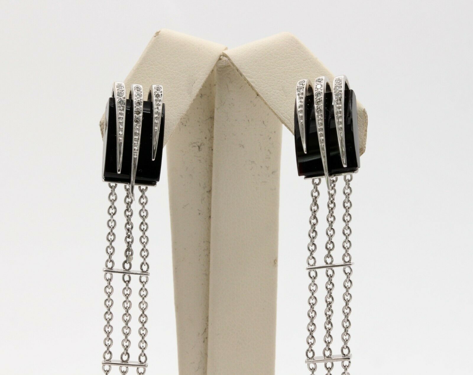 Vintage 14K White Gold Chandelier Onyx Diamond Earrings