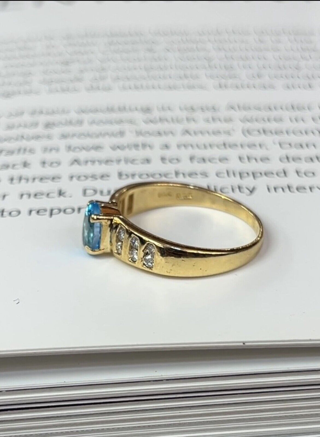Vintage 14K Yellow Gold Blue Topaz & Diamond Ring, Engagement Ring