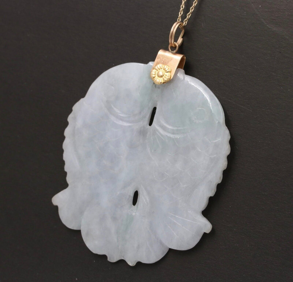 Vintage 10K Yellow Gold Jade Two Carps Good Luck Pendant Charm
