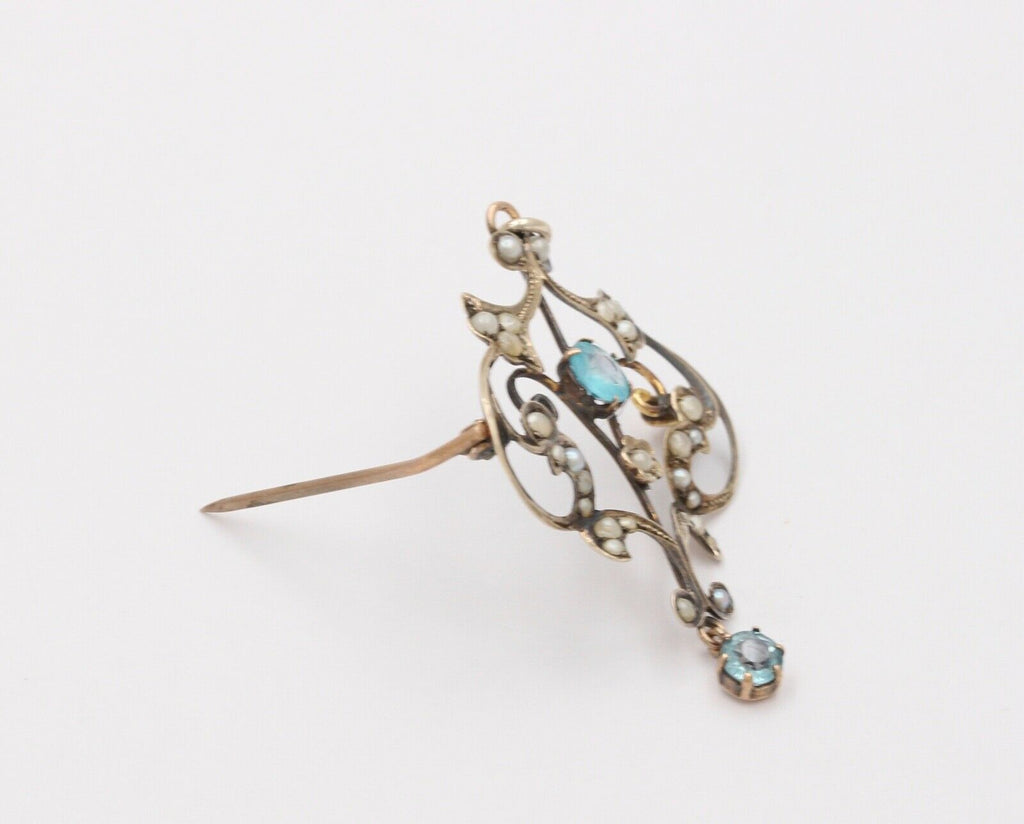 Art Nouveau 10K Yellow Gold Blue Zircon Seed Pearls Pendant Brooch