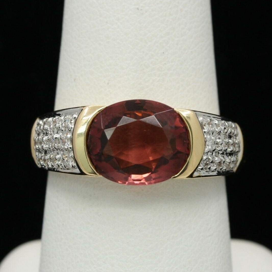 Vintage 14K Yellow Gold Diamond Orangy Pink Tourmaline Ring