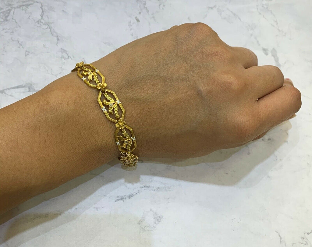 Art Nouveau Ladies 14K Enamel Leaves Ribbon Bracelet