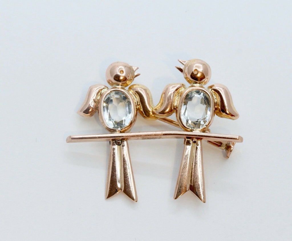 Vintage Lovebirds 18K Rose Gold Aquamarines Brooch Pin
