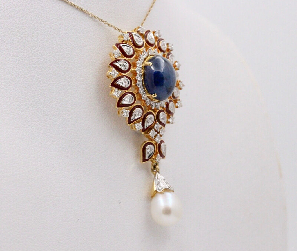 Gorgeous 18K Yellow Gold Cabochon Sapphire, Pearl And Diamond Pendant