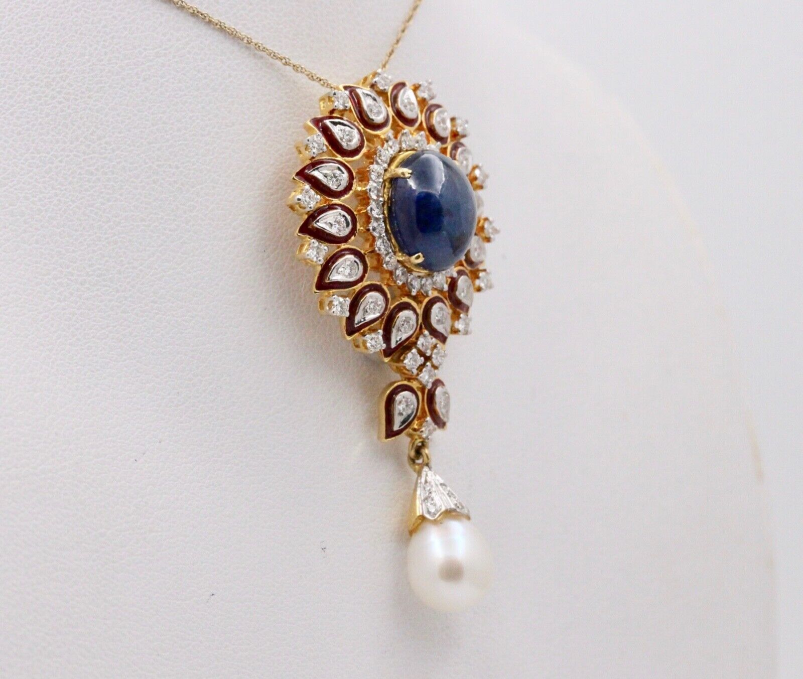 Gorgeous 18K Yellow Gold Cabochon Sapphire, Pearl And Diamond Pendant