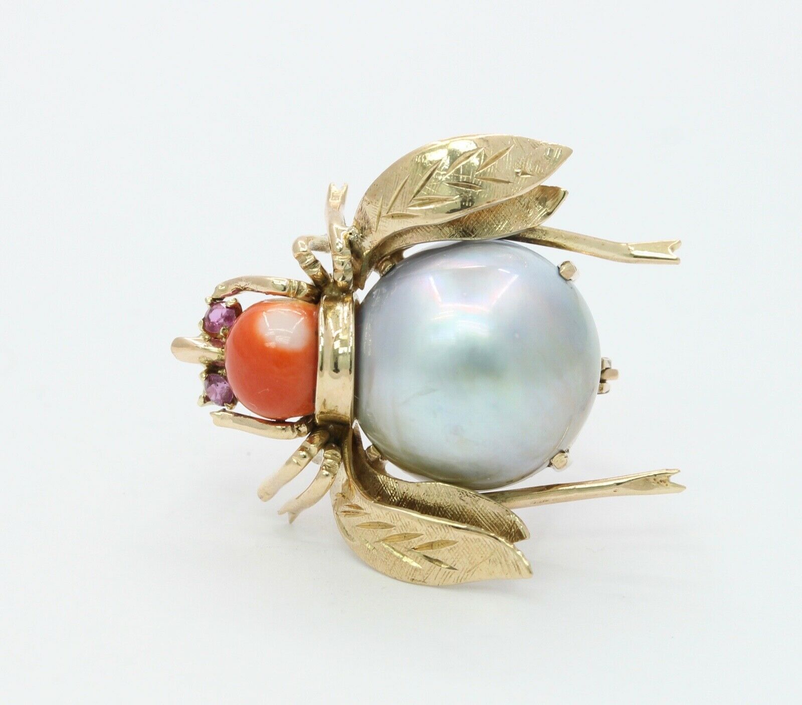 Vintage Ladybug 18K Yellow Gold Coral Made Pearl Brooch Pin