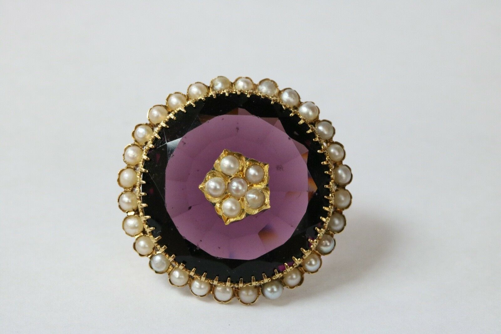 Victorian 18K Yellow Gold Amethyst Seed Pearls Brooch Earrings Set