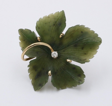 Load image into Gallery viewer, Vintage Diamond and Curved Jade 14K Yellow Gold Leaf Brooch, Pendant.
