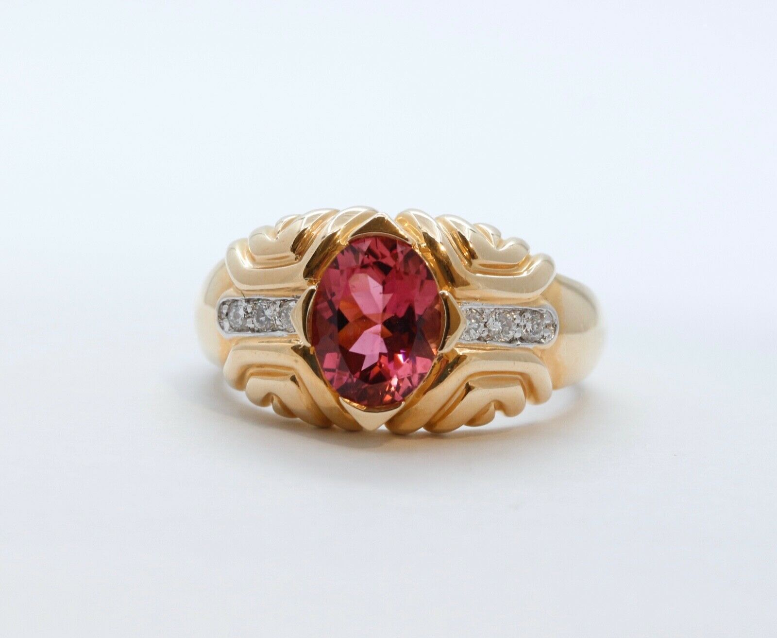 Vintage Large Tourmaline Diamonds 14K Yellow Gold Cocktail Ring