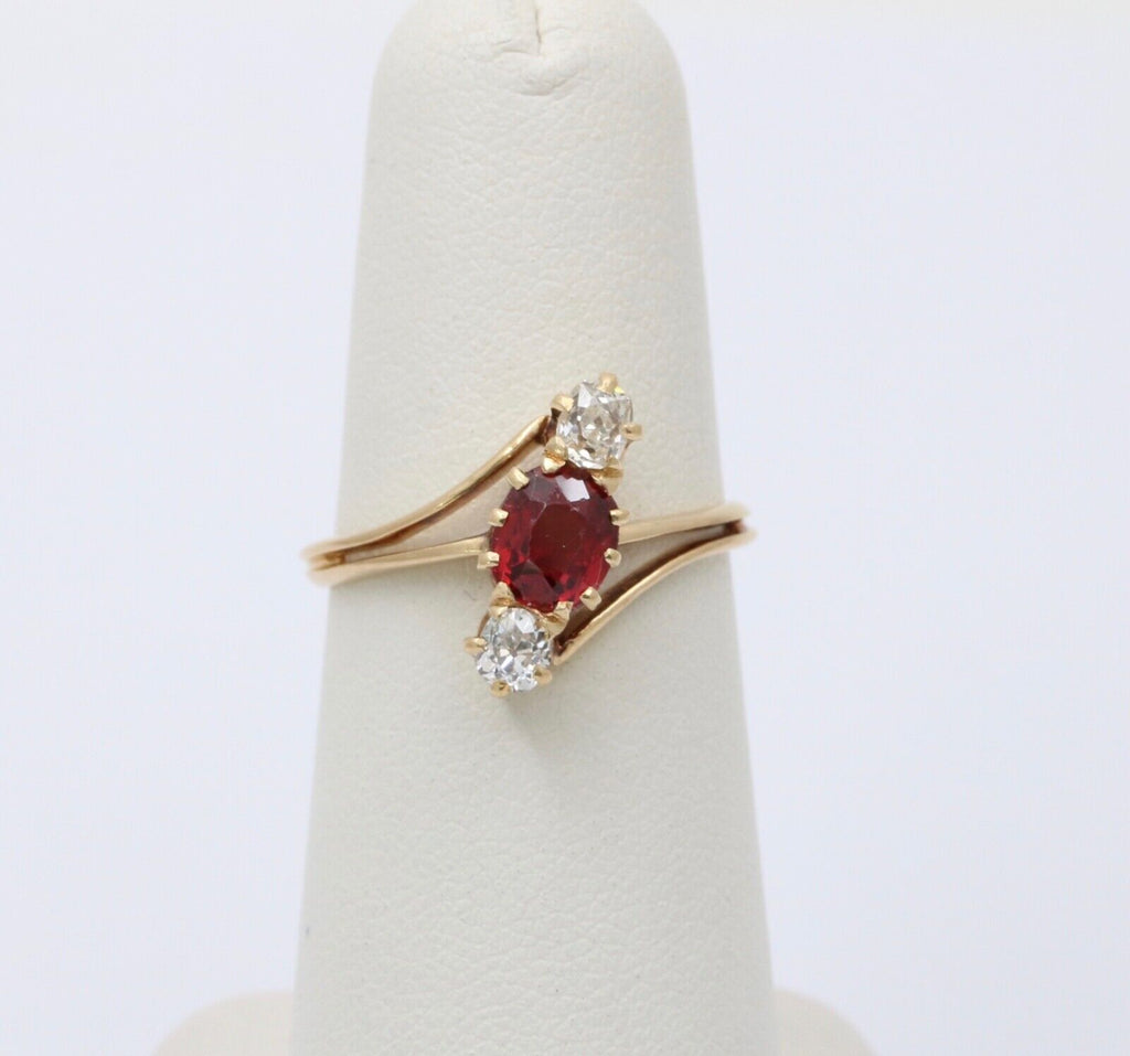 Antique 18K Yellow Gold Ruby And Diamond Bypass Three Stone Ring
