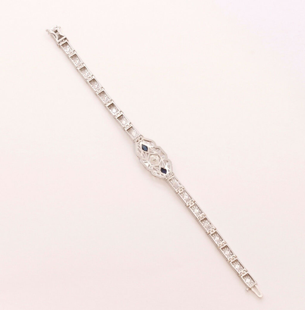 Art Deco Diamond Blue Sapphire 14K White Gold Filagree Bracelet