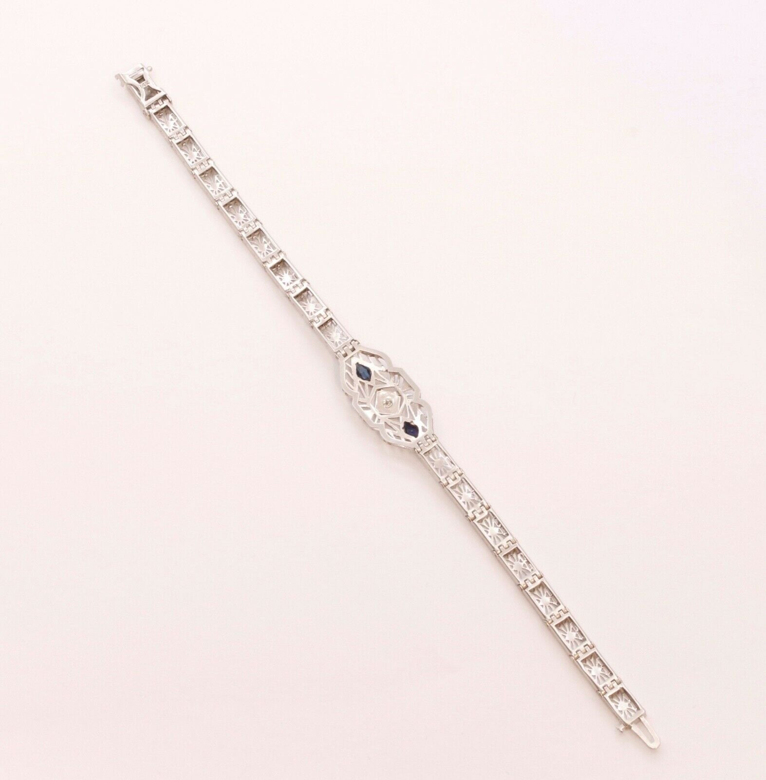 Art Deco Diamond Blue Sapphire 14K White Gold Filagree Bracelet