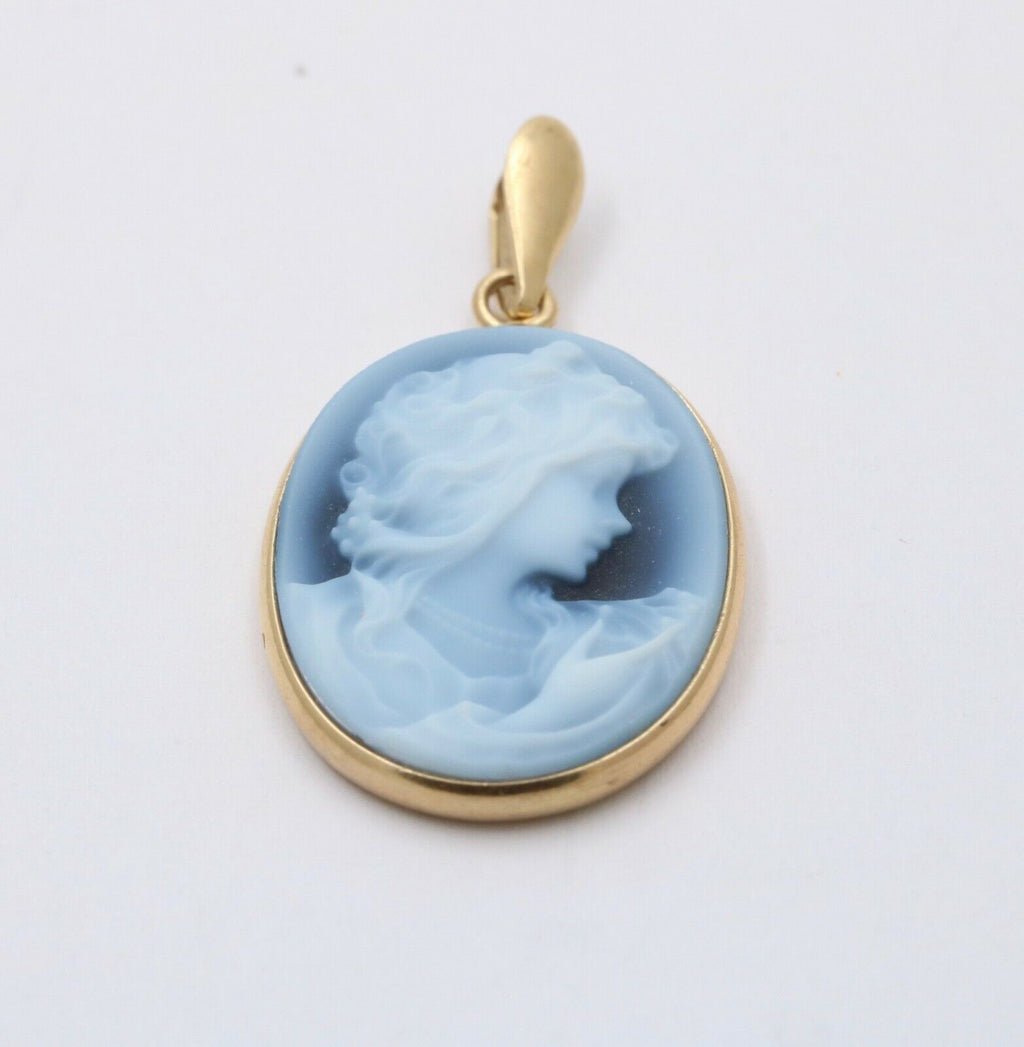 Vintage 14K Yellow Gold Blue Agate Cameo Woman’s Portrait Pendant