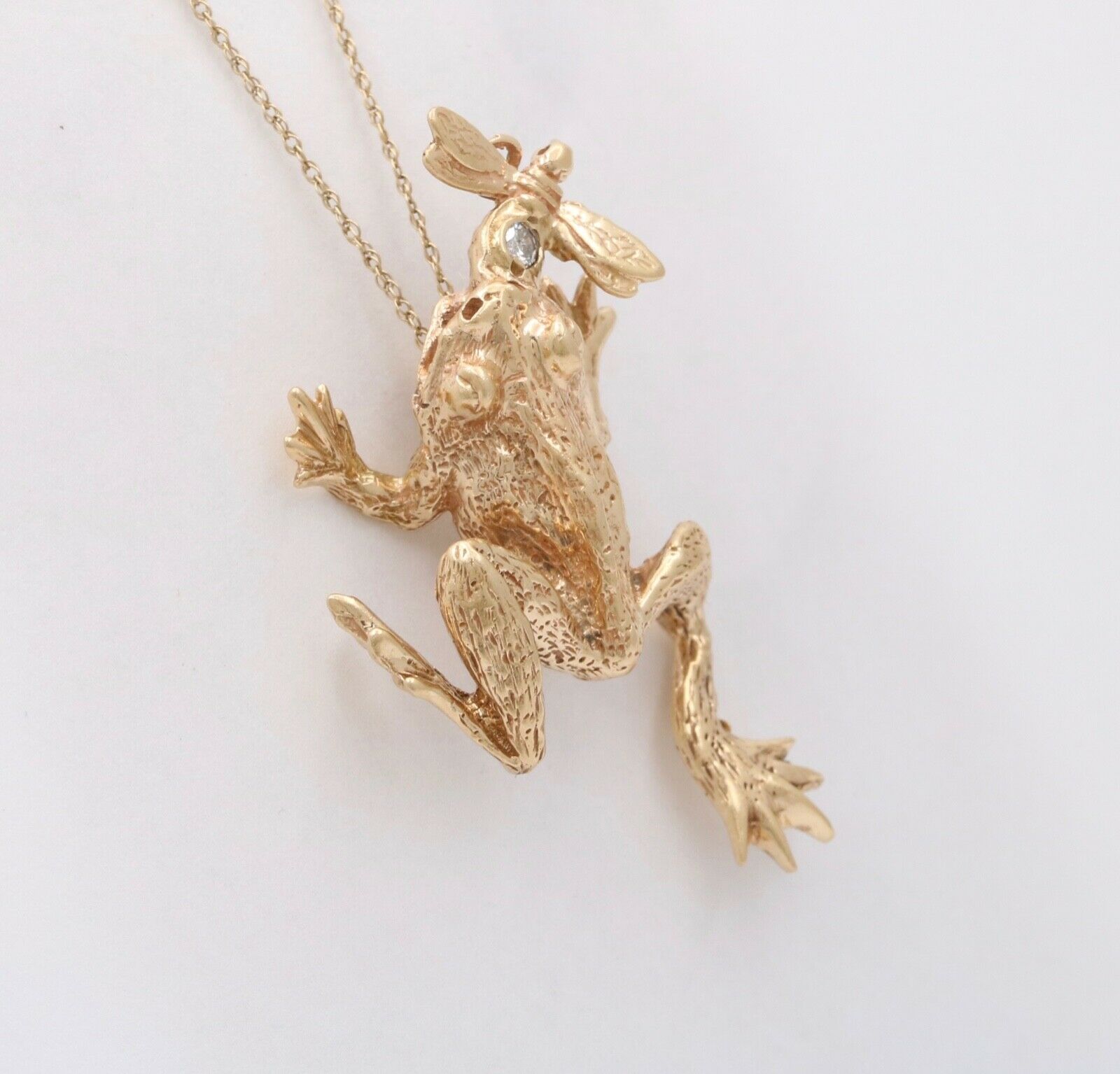 Vintage Frog Eating a Bee Diamond 14K Yellow Gold Pendant