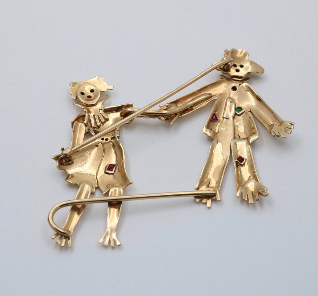 Vintage Raggedy Ann and Andy Diamonds Sapphires Emeralds 14K YG Brooch Pin