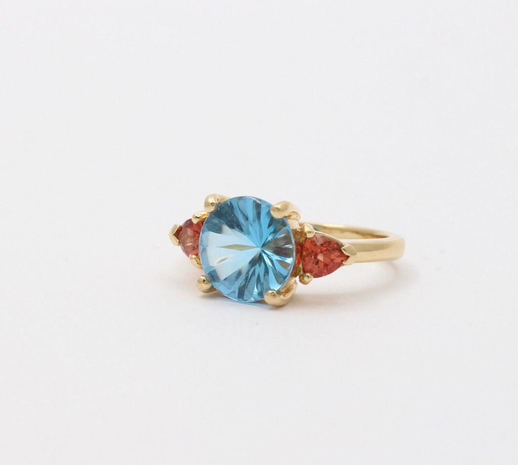 Vintage Fancy Cut Blue Topaz Madeira Citrine 14K Yellow Gold Ring