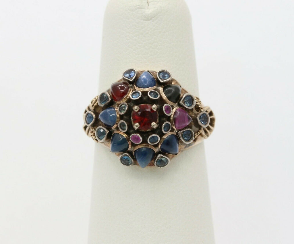 Vintage 18K Gold Sapphire, Garnet, and Ruby Cluster Ring