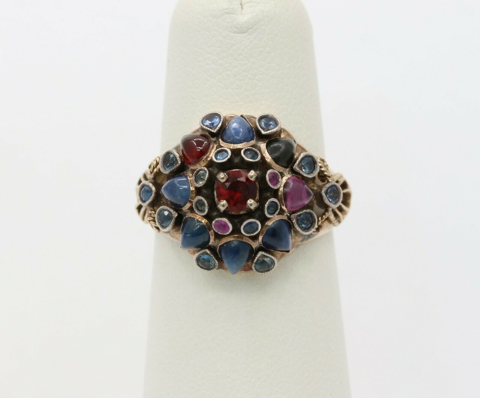 Vintage 18K Gold Sapphire, Garnet, and Ruby Cluster Ring