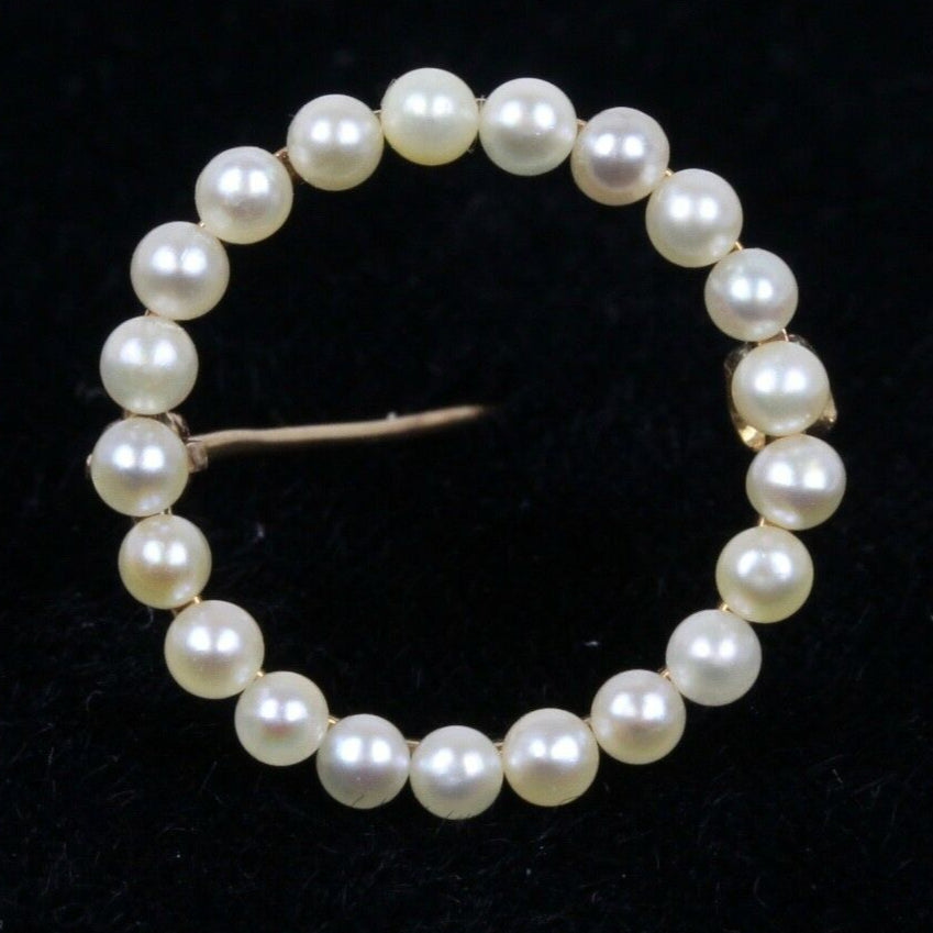 Vintage 14K Yellow Gold Seed Pearl Eternal Circle Pendant Pin