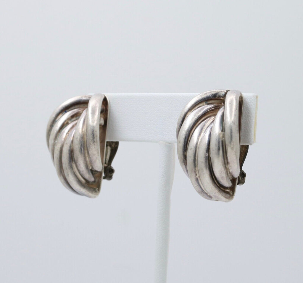 Vintage Mexico Sterling Silver Geometric Large Clip On Earrings