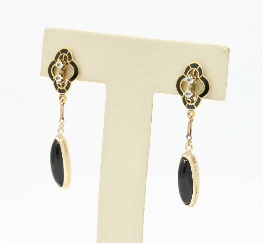 Vintage 14/18K Yellow Gold Enamel Onyx Diamond Hanging Earrings
