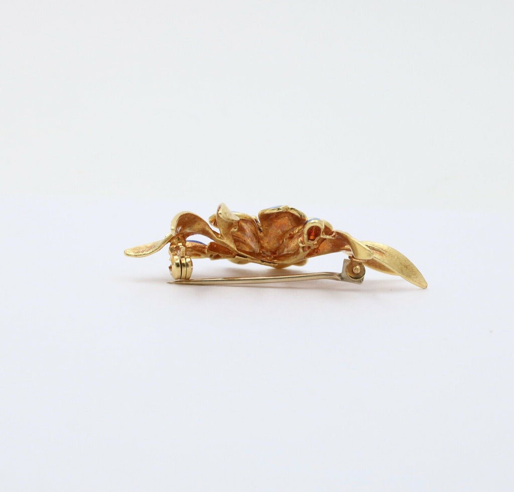 Vintage UNO A ERRE 18K Yellow Gold Blue Enamel Flower Brooch Pin Estate Jewelry