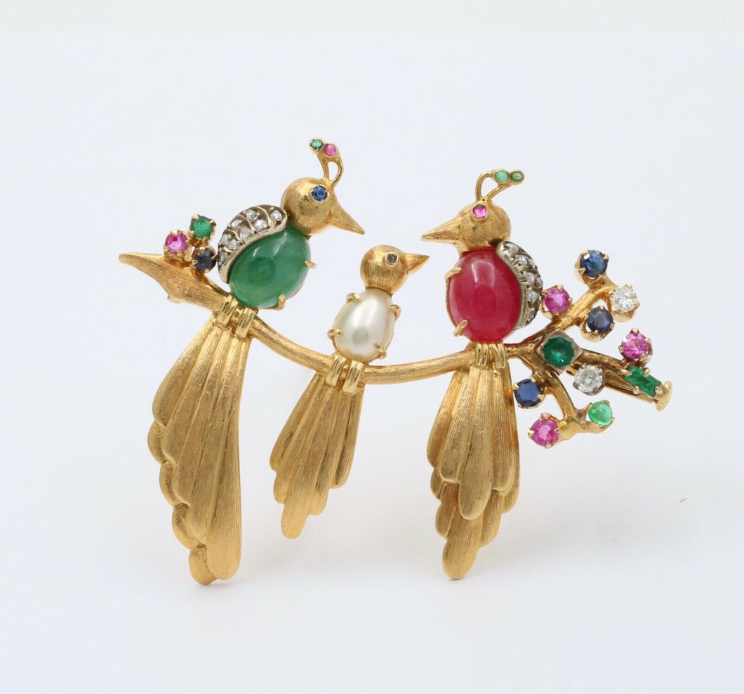 Birds of Paradise Emeralds Rubies Diamonds 18K YG Brooch