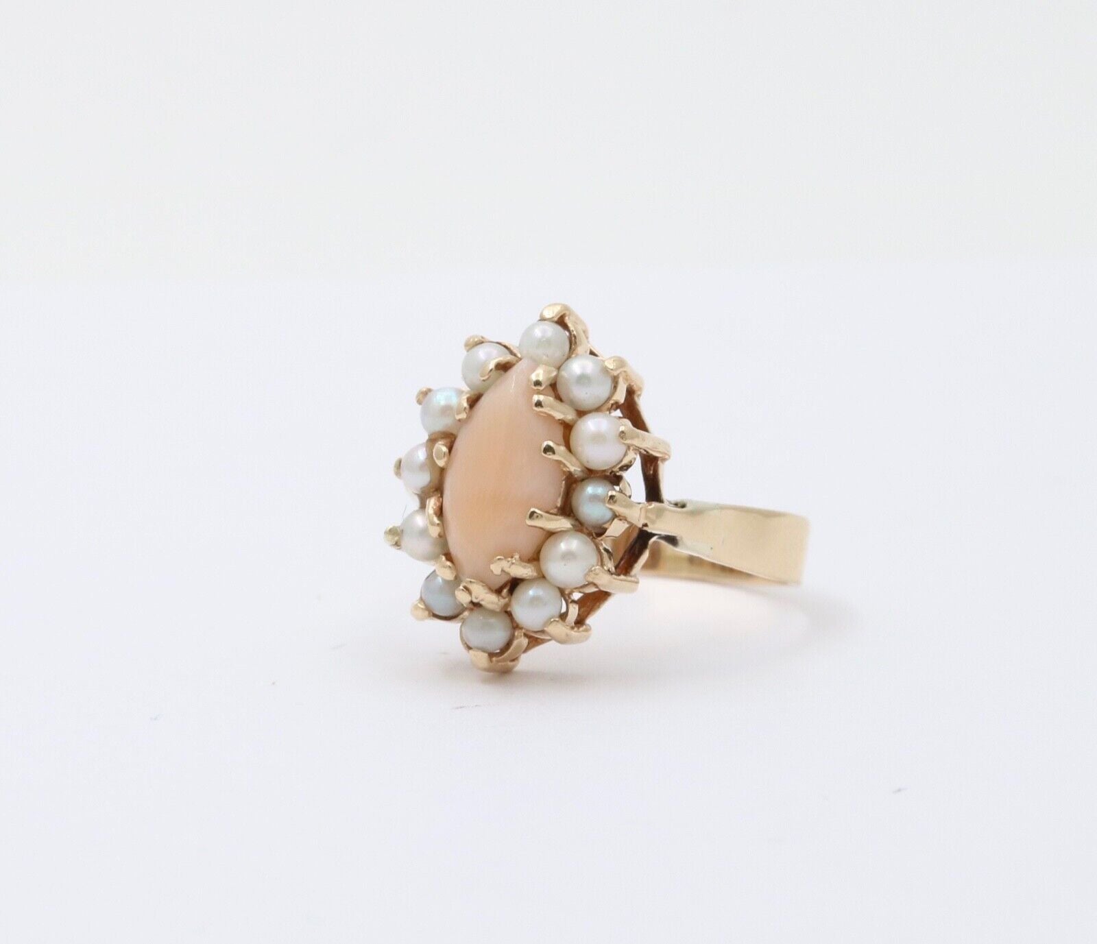 Vintage Pink Coral Pearls 14K Yellow Gold Ring