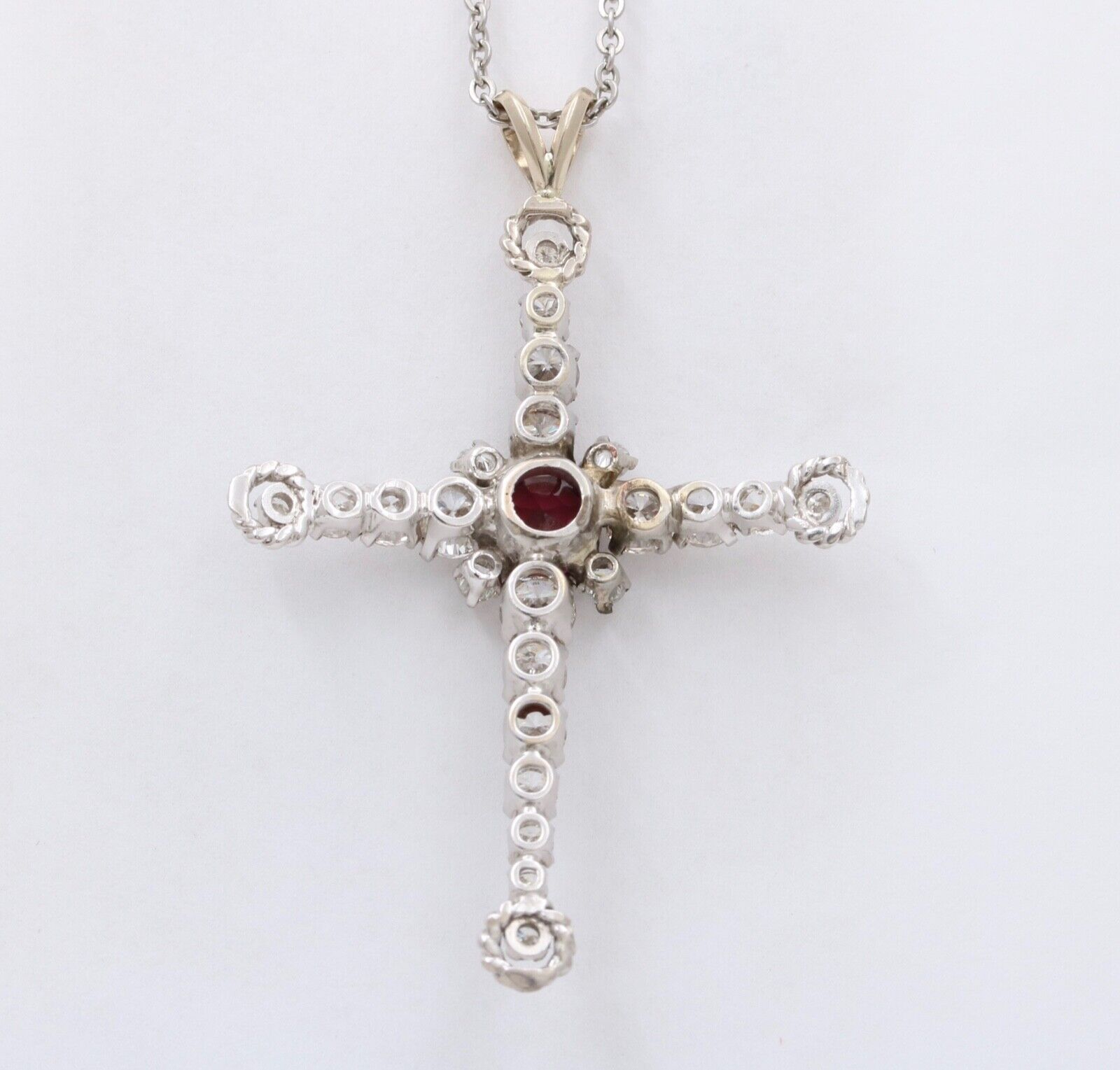 Vintage 10K White Gold Diamond & Rhodolite Garnet Cross Pendant Necklace