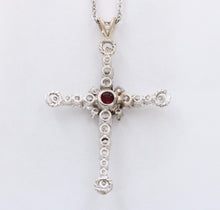 Load image into Gallery viewer, Vintage 10K White Gold Diamond &amp; Rhodolite Garnet Cross Pendant Necklace
