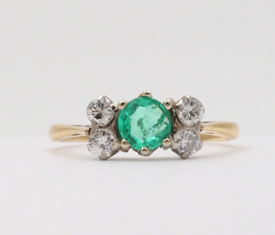 Vintage 18K Yellow Gold Emerald and Diamond Ring, Stacking Ring