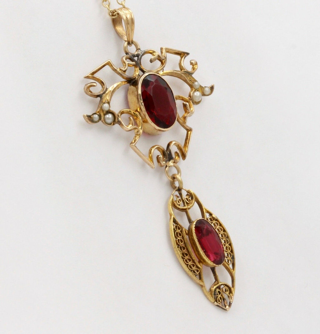 Art Nouveau Garnets 10K Yellow Gold Chandelier Pendant 14K Chain