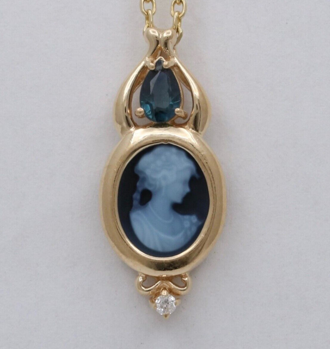 Vintage 14K Yellow Gold Black Cameo and Sapphire Pendant