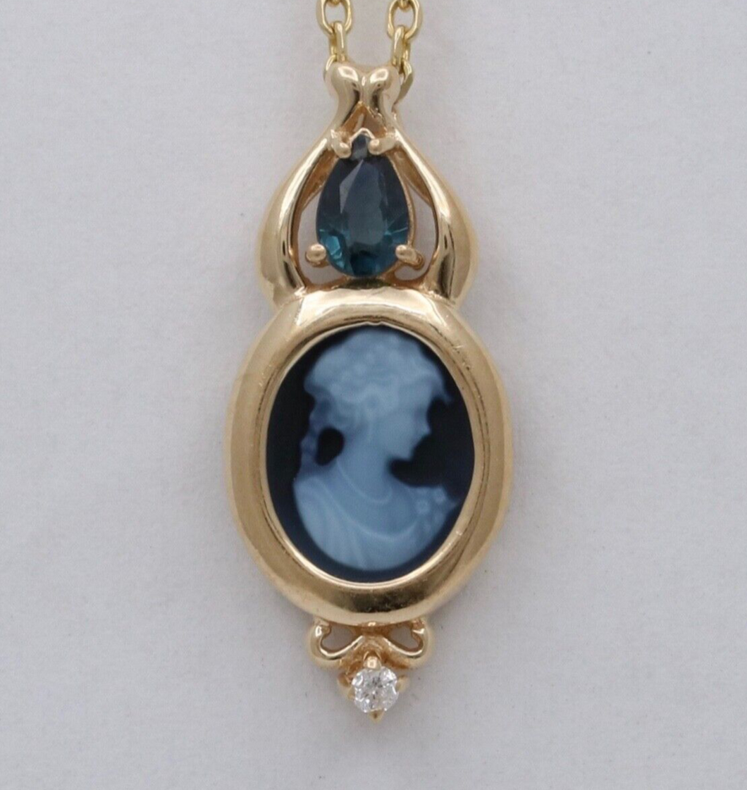 Vintage 14K Yellow Gold Black Cameo and Sapphire Pendant