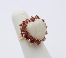 Load image into Gallery viewer, Vintage 14K Gold Heart Opal &amp; Ruby Halo Ring.
