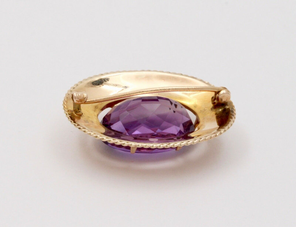 Victorian Revival Oval Amethyst 14K Yellow Gold Brooch Pin