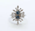 Vintage Flower London Blue Topaz Diamonds 14K White Gold Ring
