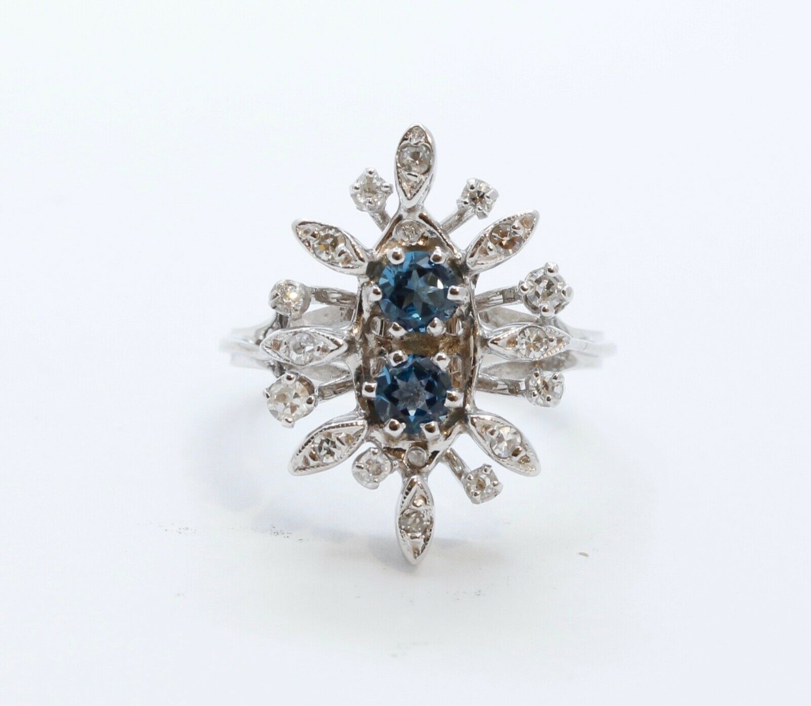 Vintage Flower London Blue Topaz Diamonds 14K White Gold Ring