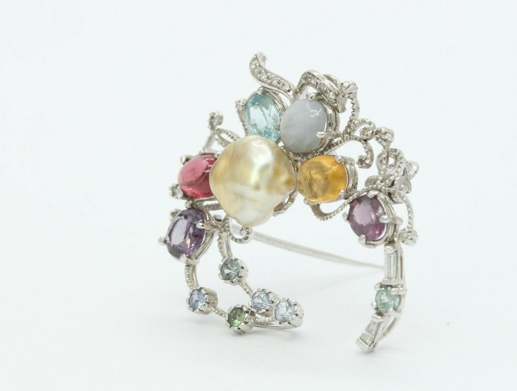 Vintage 18K White Gold Multi-Gemstone Diamond Brooch Pendant