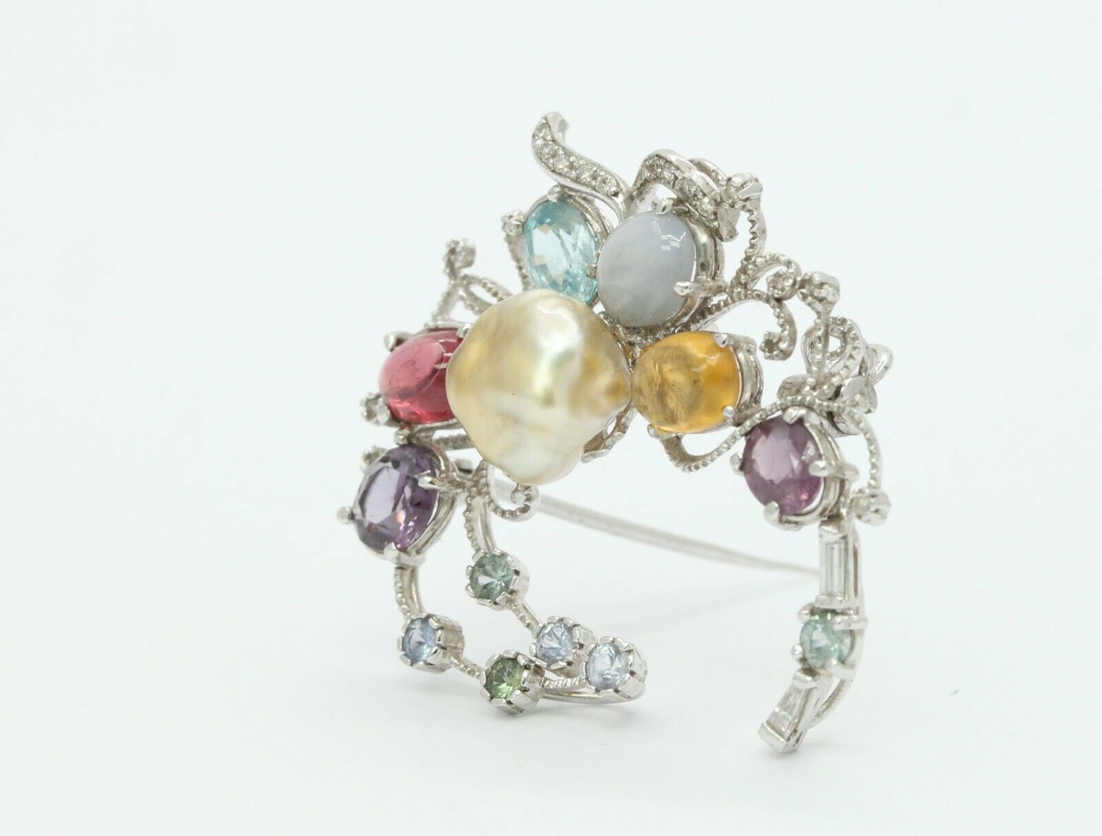 Vintage 18K White Gold Multi-Gemstone Diamond Brooch Pendant