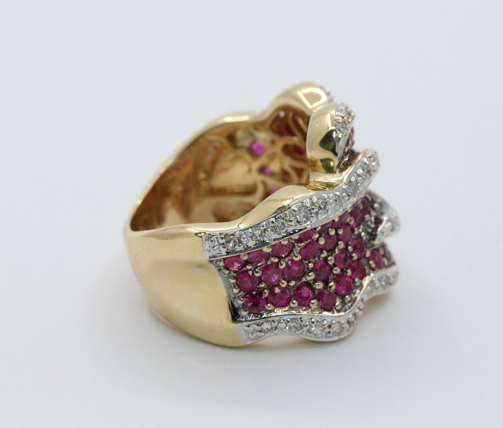 Vintage Ladies 14K Yellow Gold Rubies Diamonds Bypass Ring
