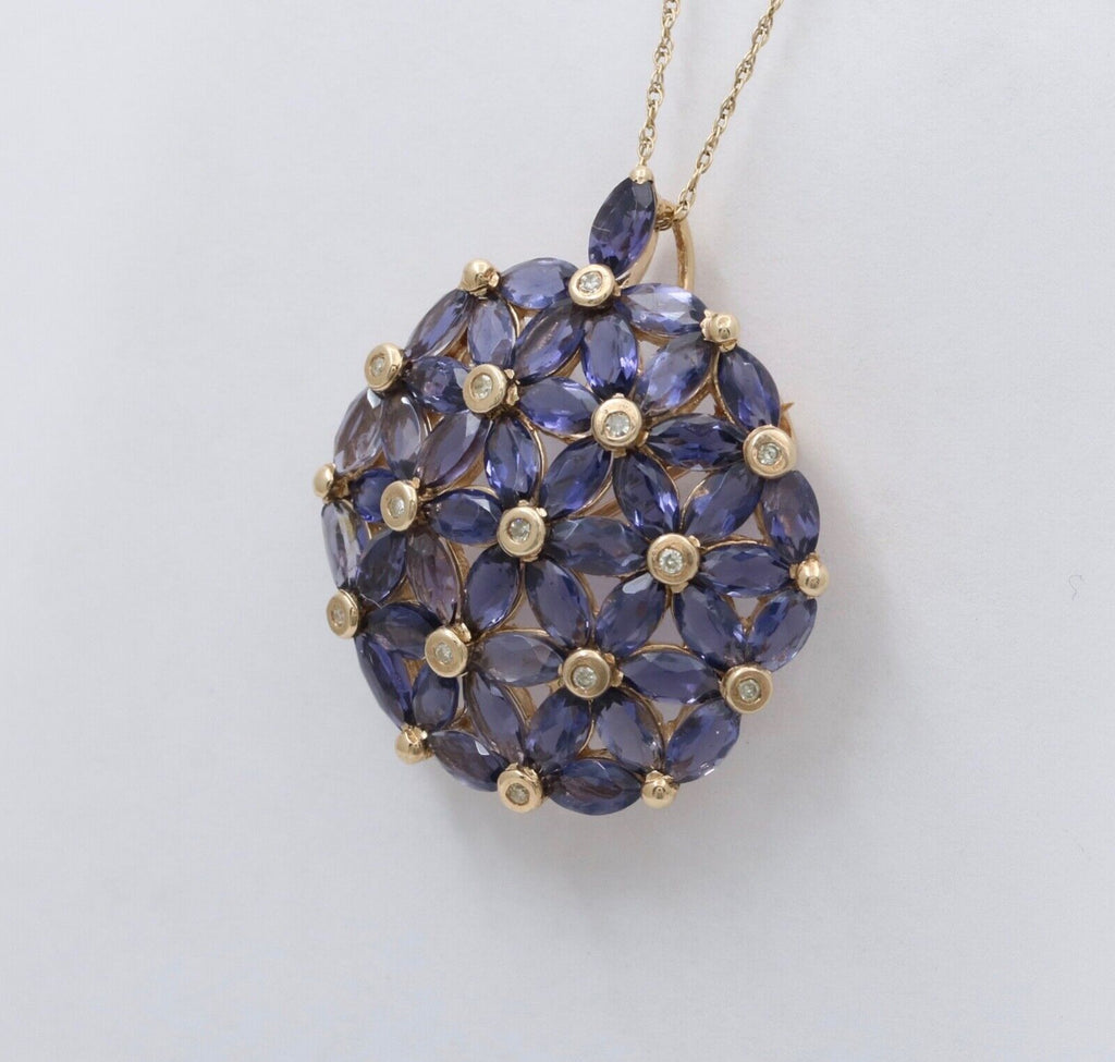 Vintage Tanzanite Diamonds 10K Yellow Gold  Hydrangea Pendant Brooch Pin