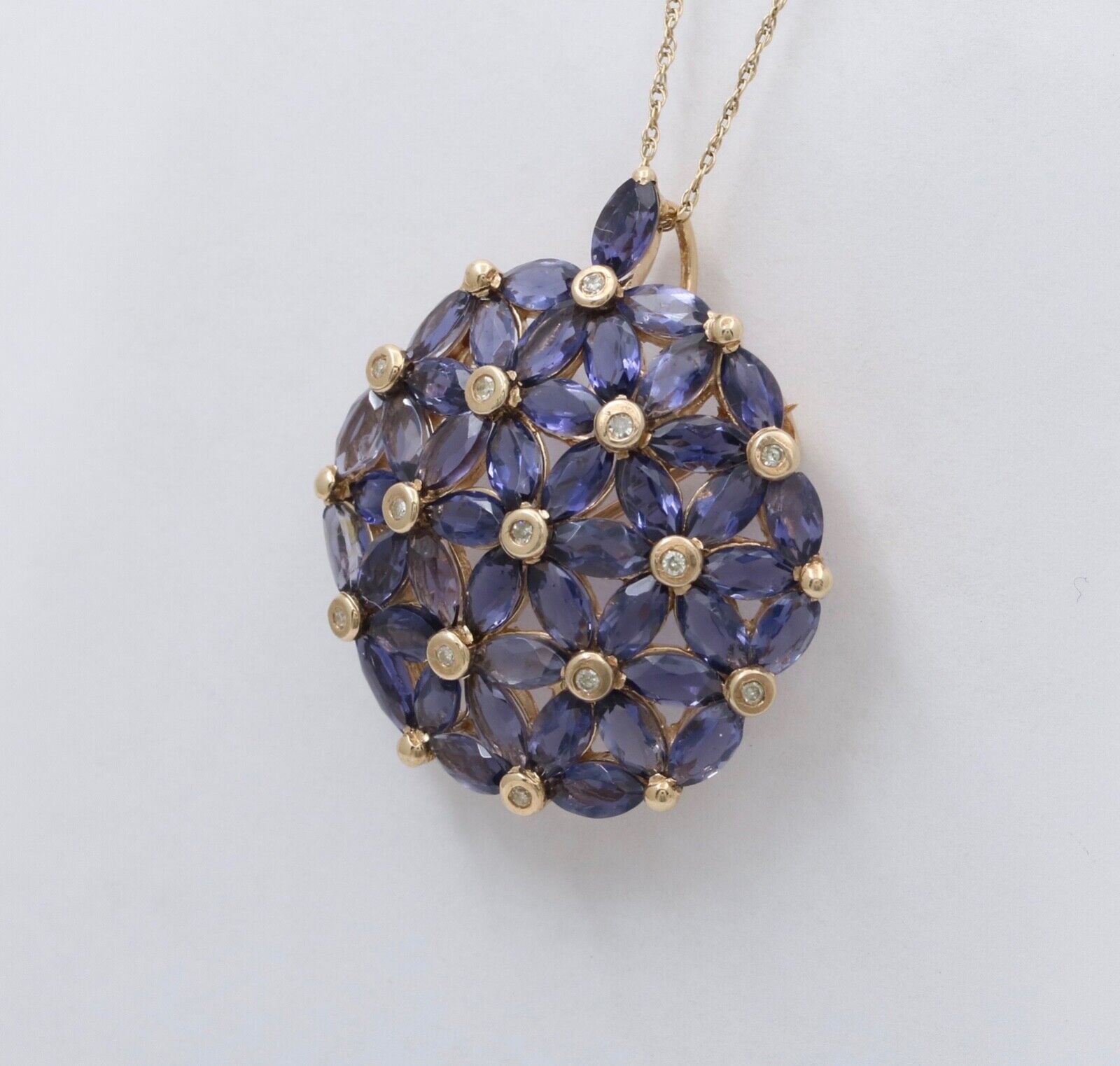 Vintage Tanzanite Diamonds 10K Yellow Gold  Hydrangea Pendant Brooch Pin