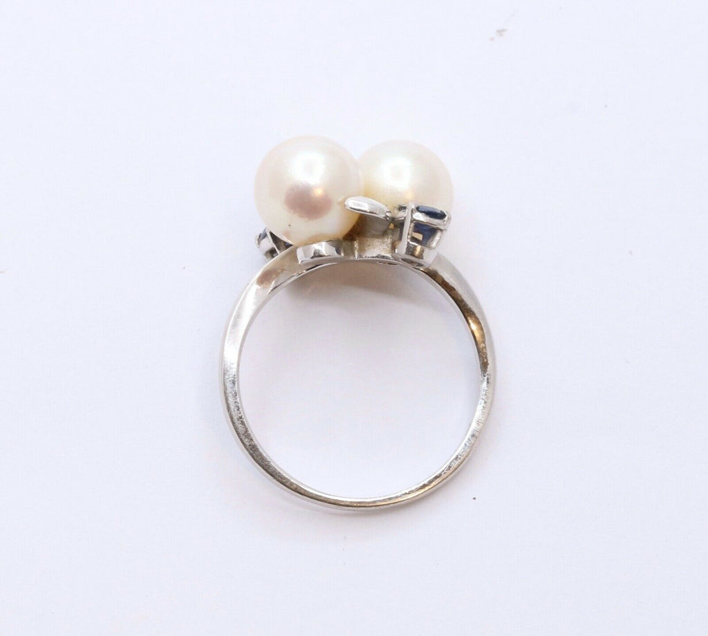 Mikimoto Vintage Pearls Blue Sapphires 14K White Gold Ring